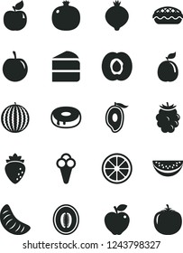 Solid Black Vector Icon Set - piece of cake vector, with a hole, apple pie, cone, half apricot, pomegranate, red, raspberry, medlar, blackberry, water melon, mango, slice, tangerine, tasty plum