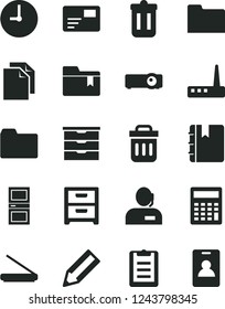Solid Black Vector Icon Set - clean paper vector, folder, calculator, bookmark, storage unit, interroom door, wall clock, notebook, nightstand, pass card, pencil, dispatcher, router, scanner
