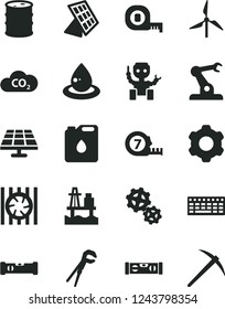 Solid Black Vector Icon Set - cogwheel vector, adjustable wrench, measuring tape, long meashuring, construction level, building, sea port, solar panel, windmill, barrel, gears, canister of oil, drop