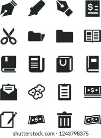 Solid Black Vector Icon Set - scissors vector, bin, e, received letter, book, notes, bag with handles, popcorn, text highlighter, article on the dollar, cash, newspaper, folder, clipboard, ink pen