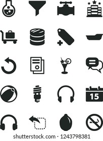 Solid Black Vector Icon Set - counterclockwise vector, add label, baby bath ball, calendar, headphones, move left, lime, valve, energy saving bulb, filter, column of coins, scientific publication