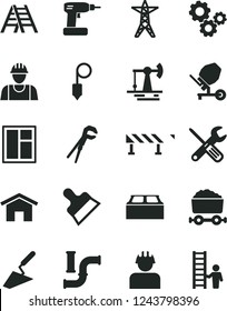Solid Black Vector Icon Set - builder vector, trowel, concrete mixer, window, small tools, adjustable wrench, cordless drill, ladder, building block, plummet, putty knife, road fence, home, gears Solid Black Vector Icon Set - builder vector, trowel, concrete mixer, window, small tools, adjustable wrench, cordless drill, ladder, building block, plummet, putty knife, road fence, home, gears