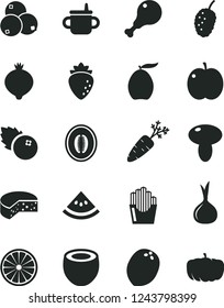 Solid Black Vector Icon Set - mug for feeding vector, cheese, mushroom, chicken leg, fried potato slices, blueberries, apple, raspberry, medlar, tasty mulberry, loquat, half melon, of orange, onion