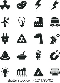 Solid Black Vector Icon Set - lightning vector, incandescent lamp, a bowl of buckwheat porridge, coffee beans, big solar panel, wind energy, manufacture, hydroelectricity, plug, industrial building