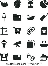 Solid Black Vector Icon Set - folder bookmark vector, cradle, children's bathroom, shoes for little children, crossed cart, copy, Hot Dog, porridge, chicken, popsicle, cone, jar of jam, strawberries