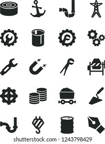 Solid Black Vector Icon Set - hook vector, trowel, concrete mixer, adjustable wrench, siphon, sewerage, gear, star, anchor, coins, canned goods, barrel, power line, magnet, pipes, steel repair key
