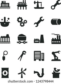 Solid Black Vector Icon Set - adjustable wrench vector, sewerage, buildings, plummet, oil derrick, wind energy, hydroelectric station, hydroelectricity, industrial building, thermal power plant