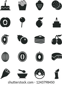 Solid Black Vector Icon Set - deep plate with a spoon vector, cake, cheese, birthday, glazed hole, grill chicken leg, Chupa Chups, French fries, blueberries, strawberry, biscuit, pancakes, quince