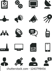 Solid Black Vector Icon Set - monitor window vector, horn, employee, screen, smartphone, satellite antenna, SIM, statistical overview, loudspeaker, dispatcher, mobile phone, conversation, router
