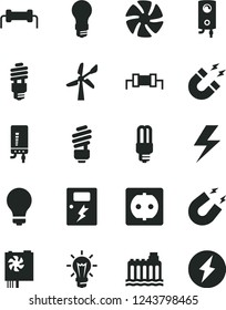 Solid Black Vector Icon Set - lightning vector, matte light bulb, saving, dangers, boiler, electronic, wind energy, hydroelectricity, power socket, mercury, fan, pc supply, magnet, resistor