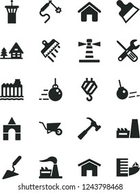 Solid Black Vector Icon Set - box of bricks vector, house, hook, big core, building trolley, trowel, small tools, putty knife, spatula, hammer with claw, home, factory, hydroelectricity, gas welding