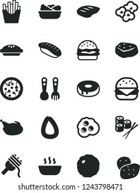 Solid Black Vector Icon Set - plastic fork spoons vector, stick of sausage, pizza, big burger, spaghetti, cake with a hole, pie, hot porridge, lettuce in plate, chicken, chop, cabbage, piece meat