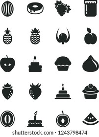 Solid Black Vector Icon Set - cake vector, birthday, muffin, with a hole, jam, pineapple, apple, branch of grape, tasty, raspberry, strawberry, fig, melon, half, cherry, physalis, slice water