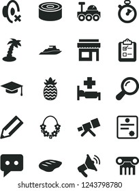 Solid Black Vector Icon Set - silent mode vector, survey, canned goods, chop, pineapple, pencil, think, telescope, zoom, graduate hat, lunar rover, stopwatch, patente, palm tree, hawaii wreath