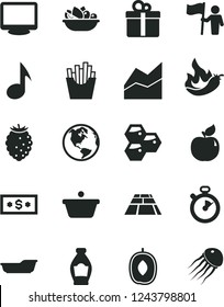 Solid Black Vector Icon Set - line chart vector, bath, paving slab, gift, a plate of fruit, French fries, honeycombs, bottle, apricot, tasty raspberry, delicious plum, hot pepper, pan, monitor, note