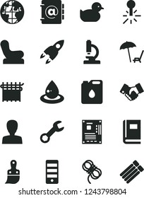 Solid Black Vector Icon Set - woman vector, Baby chair, duckling, plastic brush, hawser, address book, canister of oil, cloth industry, drop, mercury thermometer, planet, handclasp, pc tower, repair