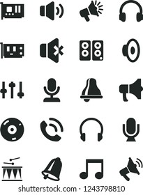 Solid Black Vector Icon Set - bell vector, loudspeaker, drumroll, headphones, microphone, volume, no sound, phone call, megaphone, pc card, cd, speaker, note, settings
