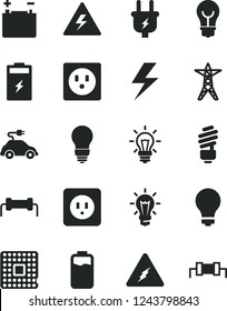 Solid Black Vector Icon Set - lightning vector, danger of electricity, matte light bulb, saving, power socket type b, charge level, charging battery, accumulator, line, plug, electric car, processor