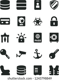 Solid Black Vector Icon Set - Baby chair vector, key, lock, anchor, passport, big data, strongbox, reverse side of a bank card, encrypting, biohazard, security gate, surveillance, access, safe