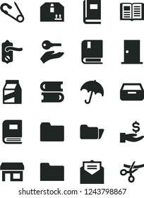 Solid Black Vector Icon Set - folder vector, open pin, e, books, door knob, ntrance, received letter, book, umbrella, drawer, cardboard box, package, stall, get a wage, arm with key, grand opening