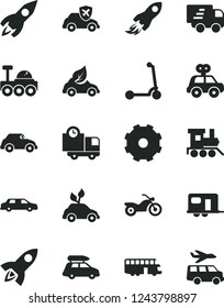 Solid Black Vector Icon Set - truck lorry vector, motor vehicle present, baby toy train, child Kick scooter, delivery, eco car, environmentally friendly transport, retro, autopilot, rocket, space