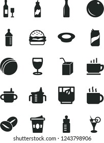 Solid Black Vector Icon Set - mug for feeding vector, measuring cup, bottle, bath ball, packing of juice with a straw, coffee, burger, plate milk, beans, tea, coffe to go, glass, soda can, orange