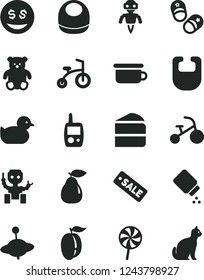 Solid Black Vector Icon Set - baby powder vector, bib, duckling, toy mobile phone, children's potty, small teddy bear, yule, child bicycle, tricycle, shoes, piece of cake, lollipop, pear, ripe plum