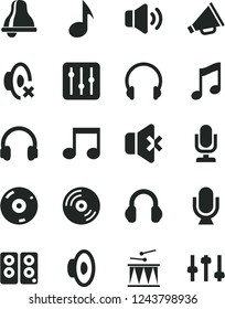 Solid Black Vector Icon Set - bell vector, desktop microphone, horn, loudspeaker, silent mode, drumroll, headphones, music, CD, regulator, volume, no sound, pc speaker, note, settings
