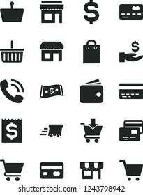 Solid Black Vector Icon Set - grocery basket vector, bank card, cart, put in, cards, kiosk, shopping, reverse side of a, front the, denomination dollar, financial item, get wage, wallet, phone call