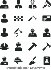 Solid Black Vector Icon Set - builder vector, workman, trowel, paint roller, ceramic tiles, construction helmet, hammer, with claw, employee, pass card, operator, welding, gas, woman, man, scientist