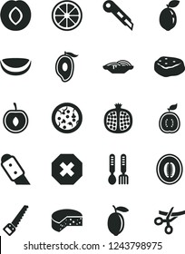 Solid Black Vector Icon Set - mark of injury vector, iron fork spoons, arm saw, knife, stationery, cheese, pizza, slices onion, piece meat, half pomegranate, plum, mango, melon, cherry, lemon, juicy