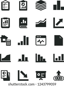 Solid Black Vector Icon Set - clean sheet of paper vector, bar chart, growth, negative, positive histogram, estimate, cardiogram, pile, survey, statistical report, overview, book on statistics