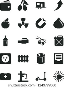 Solid Black Vector Icon Set - archive vector, measuring bottle for feeding, bag of a paramedic, Kick scooter, new radiator, Chinese chopsticks, apricot, cornels, fig, socket, canister, tower crane