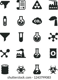 Solid Black Vector Icon Set - round flask vector, manufacture, factory, oil, barrel, industrial building, carbon dyoxide, filter, water, research article, test tube, molecule, nuclear, biohazard