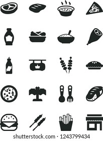 Solid Black Vector Icon Set - plastic fork spoons vector, fried vegetables on sticks, pizza, piece of, big burger, pie, a bowl rice porridge, in saucepan, lettuce plate, grill chicken leg, bacon