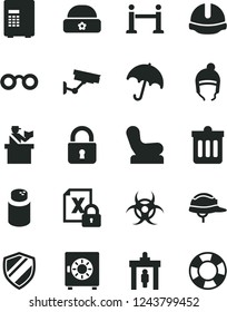 Solid Black Vector Icon Set - powder vector, Baby chair, winter hat, warm, construction helmet, dust bin, lock, umbrella, strongbox, encrypting, glasses, biohazard, rope barrier, security gate, safe