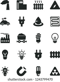 Solid Black Vector Icon Set - incandescent lamp vector, saving light bulb, heating coil, new radiator, modern gas station, manufacture, plug, electric, industrial building, drop of oil, mercury, car