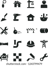 Solid Black Vector Icon Set - house vector, dwelling, building trowel, concrete mixer, small tools, cordless drill, new roller, construction level, tile, helmet, plummet, road fence, core, builder