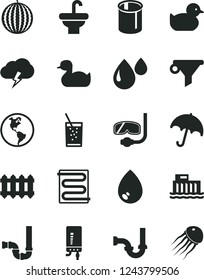 Solid Black Vector Icon Set - rubber duck vector, baby duckling, washbasin, siphon, sewerage, heating coil, new radiator, electronic boiler, drop, umbrella, storm cloud, a glass of soda, water melon