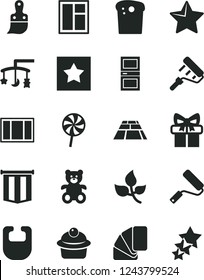 Solid Black Vector Icon Set - toys over the cradle vector, bib, teddy bear, window, frame, new roller, paint, sample of colour, plastic brush, interroom door, paving slab, star, Easter cake, muffin
