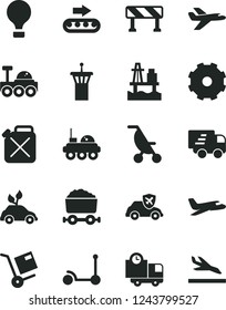 Solid Black Vector Icon Set - truck lorry vector, summer stroller, Kick scooter, traffic signal, delivery, shipment, sea port, production conveyor, canister, environmentally friendly transport