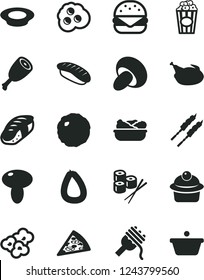 Solid Black Vector Icon Set - stick of sausage vector, piece pizza, big burger, spaghetti, mushroom, porcini, muffin, lettuce in a plate, milk, chicken, thigh, barbecue, cabbage, sushi set, japanese