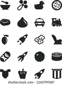 Solid Black Vector Icon Set - Child T shirt vector, baby rattle, car seat, duckling, tumbler, deep plate with a spoon, children's train, canned goods, pizza, cabbage, piece of meat, peper, popcorn