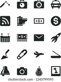 Solid Black Vector Icon Set - bell vector, camera, roll, rss feed, safety pin, building trowel, envelope, car, part of guava, battery, welding, dollar, cash, scanner, rocket, private plane, photo