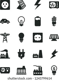 Solid Black Vector Icon Set - lightning vector, incandescent lamp, bulb, power socket type f, charge level, factory, hydroelectricity, pole, plug, industrial building, thermal plant, energy saving