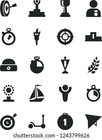 Solid Black Vector Icon Set - Kick scooter vector, warm hat, timer, stopwatch, flame torch, winner, laurel branch, pedestal, podium, cup, gold, man with medal, pennant, target, purpose, first place