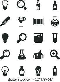 Solid Black Vector Icon Set - matte light bulb vector, incandescent lamp, zoom, measuring cup for feeding, mercury thermometer, window frame, magnifier, a glass of tea, cocktail, bottle soda, liquor