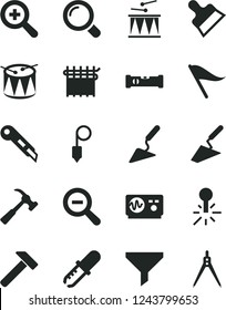 Solid Black Vector Icon Set - zoom vector, out, wind direction indicator, drumroll, drum, trowel, building, construction level, plummet, putty knife, stationery, hammer, with claw, magnifier, filter