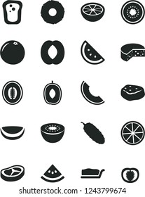 Solid Black Vector Icon Set - cheese vector, cake slice, bacon, piece of meat, cucumber, orange, sandwich, melon, delicious plum, half peach, kiwi, lemon, coconut, pineapple, grapefruit, water