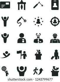 Solid Black Vector Icon Set - builder vector, pass card, welding, gas, man in sight, scientist, winner, arrow up, hold world, hands, with medal, flag, speaker, stars around, flying, identity